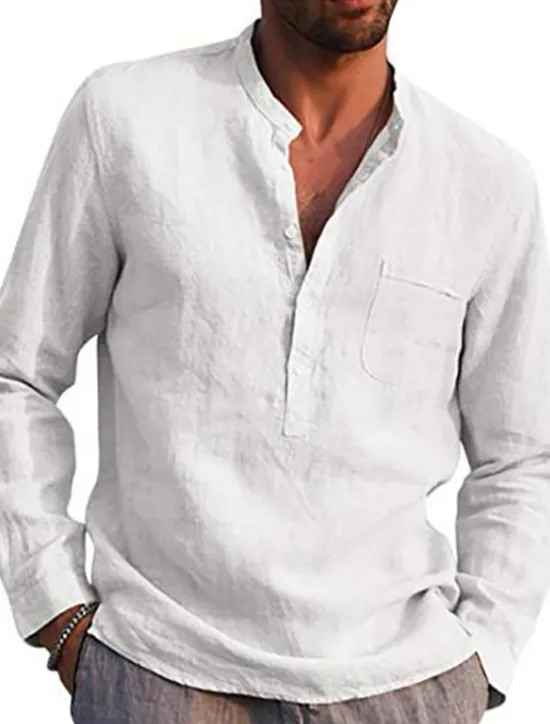 Clearance OUKU Men's Linen Shirt Band Collar Shirt Summer Shirt Beach Wear Solid Color Daily Hawaiian Black White Wine Navy Blue Long Sleeve Henley Spring & Fall Clothing Apparel Collared Shirts