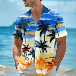 Online OUKU Men's Linen Shirt Beach Shirt Summer Hawaiian Shirt Coconut Tree Performance Vacation Navy Blue Sky Blue Short Sleeve Turndown Summer Spring Clothing Apparel