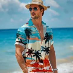 Online OUKU Men's Linen Shirt Beach Shirt Summer Hawaiian Shirt Coconut Tree Performance Vacation Navy Blue Sky Blue Short Sleeve Turndown Summer Spring Clothing Apparel