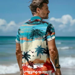 Online OUKU Men's Linen Shirt Beach Shirt Summer Hawaiian Shirt Coconut Tree Performance Vacation Navy Blue Sky Blue Short Sleeve Turndown Summer Spring Clothing Apparel
