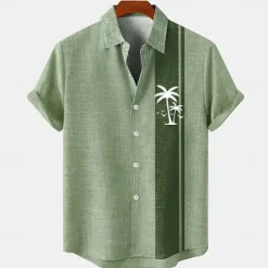 Hot OUKU Men's Linen Shirt Beach Shirt Summer Hawaiian Shirt Coconut Tree Outdoor Vacation Blue Brown Green Short Sleeve Stand Collar Summer Spring Clothing Apparel Print