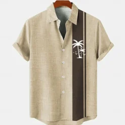 Hot OUKU Men's Linen Shirt Beach Shirt Summer Hawaiian Shirt Coconut Tree Outdoor Vacation Blue Brown Green Short Sleeve Stand Collar Summer Spring Clothing Apparel Print