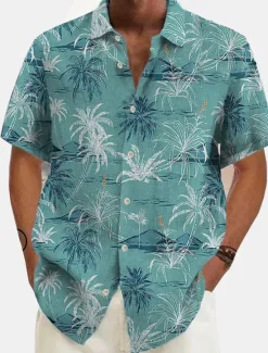 New OUKU Men's Linen Shirt Beach Shirt Summer Hawaiian Shirt Button Up Shirt Coconut Tree Vacation Hawaiian White Green Khaki Dark Blue Short Sleeve Lapel Spring & Summer Clothing Apparel Print