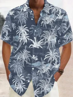 New OUKU Men's Linen Shirt Beach Shirt Summer Hawaiian Shirt Button Up Shirt Coconut Tree Vacation Hawaiian White Green Khaki Dark Blue Short Sleeve Lapel Spring & Summer Clothing Apparel Print