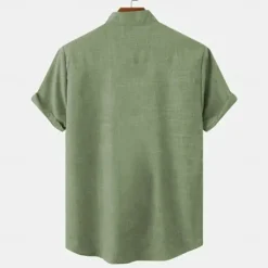 Online OUKU Men's Linen Shirt Beach Shirt Summer Hawaiian Shirt Coconut Tree Outdoor Vacation Blue Brown Green Short Sleeve Stand Collar Summer Spring Clothing Apparel Print