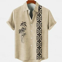 Online OUKU Men's Linen Shirt Beach Shirt Summer Hawaiian Shirt Coconut Tree Outdoor Vacation Blue Brown Green Short Sleeve Stand Collar Summer Spring Clothing Apparel Print
