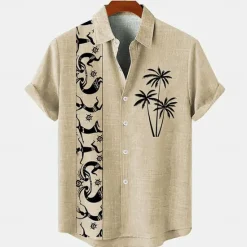 Online OUKU Men's Linen Shirt Beach Shirt Summer Hawaiian Shirt Coconut Tree Outdoor Vacation Blue Brown Green Short Sleeve Stand Collar Summer Spring Clothing Apparel Print