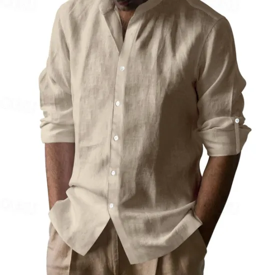 Clearance OUKU Men's Linen Shirt Black White Light Blue Long Sleeve Plain Grandad Collar Vacation Hawaiian Button Up Clothing Apparel Casual Fashion