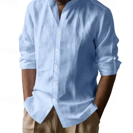 Clearance OUKU Men's Linen Shirt Black White Light Blue Long Sleeve Plain Grandad Collar Vacation Hawaiian Button Up Clothing Apparel Casual Fashion