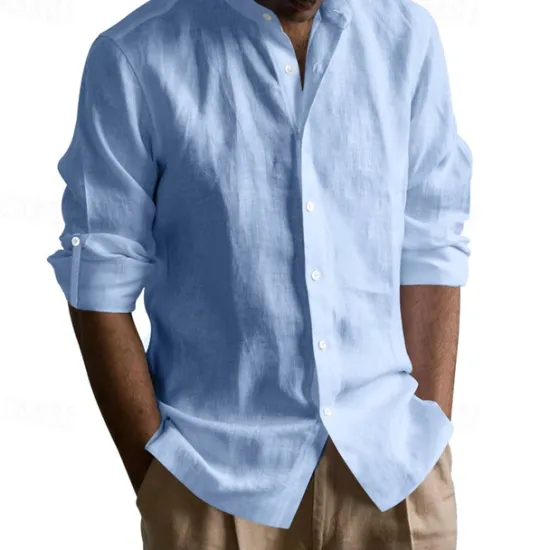 Clearance OUKU Men's Linen Shirt Black White Light Blue Long Sleeve Plain Grandad Collar Vacation Hawaiian Button Up Clothing Apparel Casual Fashion