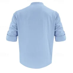 Clearance OUKU Men's Linen Shirt Black White Light Blue Long Sleeve Plain Grandad Collar Vacation Hawaiian Button Up Clothing Apparel Casual Fashion