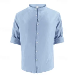 Clearance OUKU Men's Linen Shirt Black White Light Blue Long Sleeve Plain Grandad Collar Vacation Hawaiian Button Up Clothing Apparel Casual Fashion