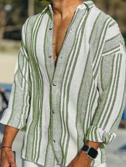 Outlet OUKU Men's Linen Shirt Button Up Shirt Casual Shirt Summer Shirt Beach Shirt Pink Blue Dark Green Long Sleeve Striped Turndown Spring & Summer Outdoor Holiday Clothing Apparel Print