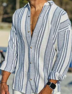 Outlet OUKU Men's Linen Shirt Button Up Shirt Casual Shirt Summer Shirt Beach Shirt Pink Blue Dark Green Long Sleeve Striped Turndown Spring & Summer Outdoor Holiday Clothing Apparel Print