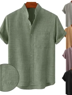 Hot OUKU Men's Linen Shirt Casual Shirt Henley Shirt Plain Hawaiian Holiday Black White Yellow Pink Short Sleeve Henley Spring & Summer Clothing Apparel Front Pocket