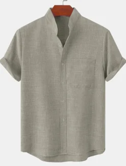 Hot OUKU Men's Linen Shirt Casual Shirt Henley Shirt Plain Hawaiian Holiday Black White Yellow Pink Short Sleeve Henley Spring & Summer Clothing Apparel Front Pocket