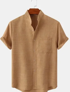 Hot OUKU Men's Linen Shirt Casual Shirt Henley Shirt Plain Hawaiian Holiday Black White Yellow Pink Short Sleeve Henley Spring & Summer Clothing Apparel Front Pocket