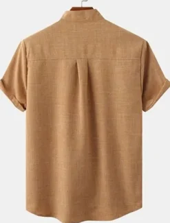 Hot OUKU Men's Linen Shirt Casual Shirt Henley Shirt Plain Hawaiian Holiday Black White Yellow Pink Short Sleeve Henley Spring & Summer Clothing Apparel Front Pocket