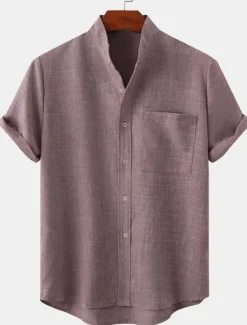 Hot OUKU Men's Linen Shirt Casual Shirt Henley Shirt Plain Hawaiian Holiday Black White Yellow Pink Short Sleeve Henley Spring & Summer Clothing Apparel Front Pocket