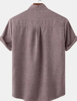 Hot OUKU Men's Linen Shirt Casual Shirt Henley Shirt Plain Hawaiian Holiday Black White Yellow Pink Short Sleeve Henley Spring & Summer Clothing Apparel Front Pocket