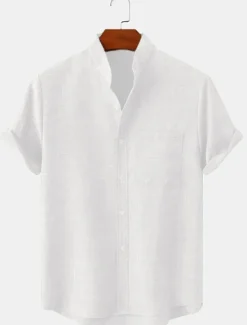 Hot OUKU Men's Linen Shirt Casual Shirt Henley Shirt Plain Hawaiian Holiday Black White Yellow Pink Short Sleeve Henley Spring & Summer Clothing Apparel Front Pocket