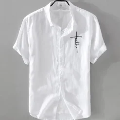 Online OUKU Men's Linen Shirt Casual Shirt Cotton Linen Shirt Button Up Shirt Pattern Vacation Street Black White Pink Dark Navy Short Sleeve Lapel Summer Clothing Apparel Button-Down