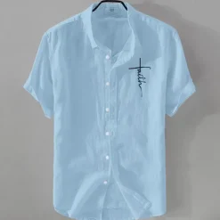 Online OUKU Men's Linen Shirt Casual Shirt Cotton Linen Shirt Button Up Shirt Pattern Vacation Street Black White Pink Dark Navy Short Sleeve Lapel Summer Clothing Apparel Button-Down