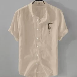 Online OUKU Men's Linen Shirt Casual Shirt Cotton Linen Shirt Button Up Shirt Pattern Vacation Street Black White Pink Dark Navy Short Sleeve Lapel Summer Clothing Apparel Button-Down