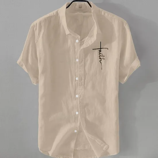 Online OUKU Men's Linen Shirt Casual Shirt Cotton Linen Shirt Button Up Shirt Pattern Vacation Street Black White Pink Dark Navy Short Sleeve Lapel Summer Clothing Apparel Button-Down