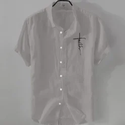 Online OUKU Men's Linen Shirt Casual Shirt Cotton Linen Shirt Button Up Shirt Pattern Vacation Street Black White Pink Dark Navy Short Sleeve Lapel Summer Clothing Apparel Button-Down