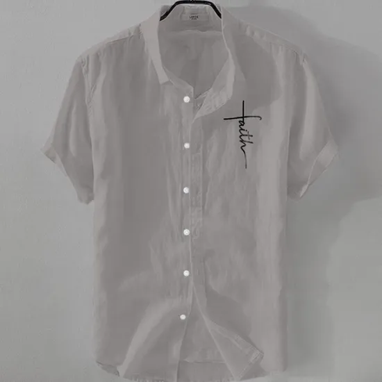 Online OUKU Men's Linen Shirt Casual Shirt Cotton Linen Shirt Button Up Shirt Pattern Vacation Street Black White Pink Dark Navy Short Sleeve Lapel Summer Clothing Apparel Button-Down