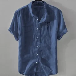 Online OUKU Men's Linen Shirt Casual Shirt Cotton Linen Shirt Button Up Shirt Pattern Vacation Street Black White Pink Dark Navy Short Sleeve Lapel Summer Clothing Apparel Button-Down