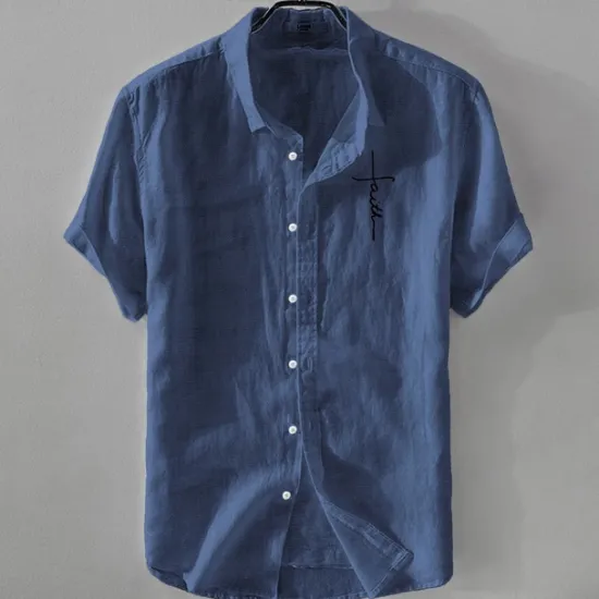 Online OUKU Men's Linen Shirt Casual Shirt Cotton Linen Shirt Button Up Shirt Pattern Vacation Street Black White Pink Dark Navy Short Sleeve Lapel Summer Clothing Apparel Button-Down