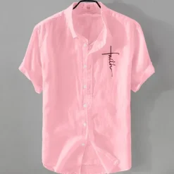Online OUKU Men's Linen Shirt Casual Shirt Cotton Linen Shirt Button Up Shirt Pattern Vacation Street Black White Pink Dark Navy Short Sleeve Lapel Summer Clothing Apparel Button-Down