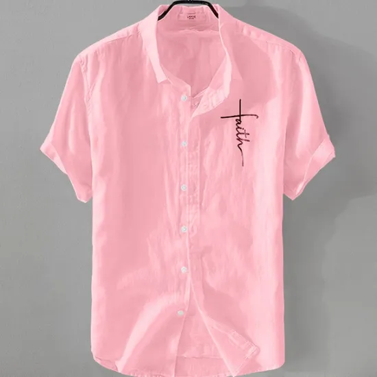 Online OUKU Men's Linen Shirt Casual Shirt Cotton Linen Shirt Button Up Shirt Pattern Vacation Street Black White Pink Dark Navy Short Sleeve Lapel Summer Clothing Apparel Button-Down