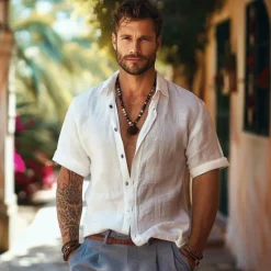 Discount OUKU Men's Linen Shirt Casual Shirt Button Down Shirt White Blue Gray Short Sleeve Solid Color Turndown Outdoor Causal Button Clothing Apparel Vacation Daily Sport