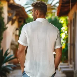 Discount OUKU Men's Linen Shirt Casual Shirt Button Down Shirt White Blue Gray Short Sleeve Solid Color Turndown Outdoor Causal Button Clothing Apparel Vacation Daily Sport