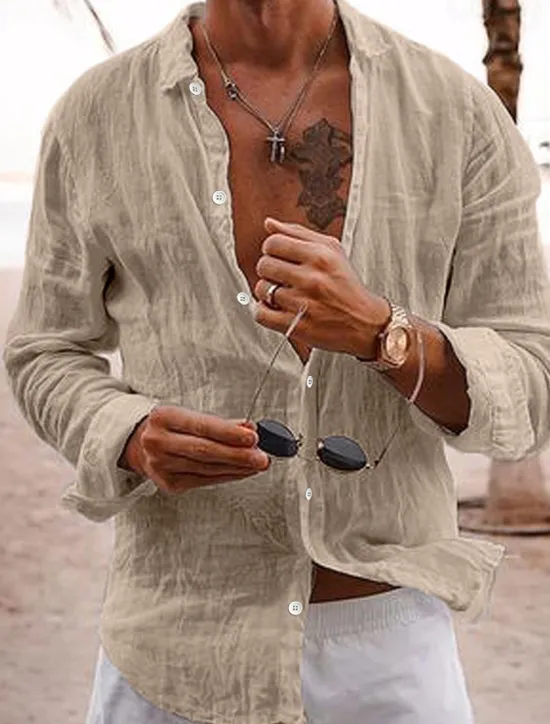 Outlet OUKU Men's Linen Shirt Casual Shirt Beach Shirt Button Up Shirt Untucked Shirts Plain Vacation Curise Black White Pink Navy Blue Long Sleeve Lapel Spring & Summer Clothing Apparel Basic
