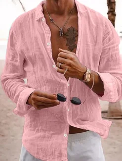 Outlet OUKU Men's Linen Shirt Casual Shirt Beach Shirt Button Up Shirt Untucked Shirts Plain Vacation Curise Black White Pink Navy Blue Long Sleeve Lapel Spring & Summer Clothing Apparel Basic