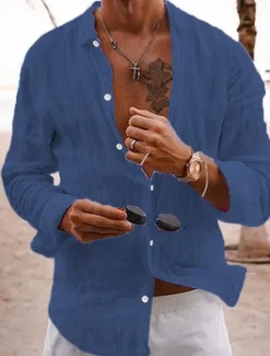 Outlet OUKU Men's Linen Shirt Casual Shirt Beach Shirt Button Up Shirt Untucked Shirts Plain Vacation Curise Black White Pink Navy Blue Long Sleeve Lapel Spring & Summer Clothing Apparel Basic