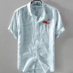 OUKU Men's Linen Shirt Casual Shirt Cotton Linen Shirt Button Up Shirt Pattern Vacation Street White Dark Navy Sky Blue Khaki Short Sleeve Lapel Summer Clothing Apparel Buckle