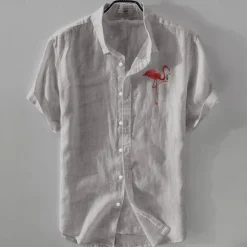 OUKU Men's Linen Shirt Casual Shirt Cotton Linen Shirt Button Up Shirt Pattern Vacation Street White Dark Navy Sky Blue Khaki Short Sleeve Lapel Summer Clothing Apparel Buckle