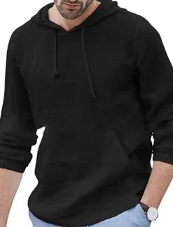New OUKU Men's Linen Shirt Cotton Linen Shirt Summer Shirt Beach Shirt Plain Hawaiian Holiday Black White Blue Long Sleeve Hooded Spring & Summer Clothing Apparel Basic