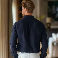 Hot OUKU Men's Linen Shirt Cotton Linen Shirt Long Sleeve Floral Turndown Spring & Fall Outdoor Causal Clothing Apparel Button Navy Blue