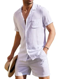 Discount OUKU Men's Linen Shirt Cotton Linen Shirt White Cotton Shirt 2 Piece Shirt Set Summer Shirt Plain Outdoor Street Black White Army Green Beige Short Sleeve Turndown Summer Clothing Apparel Button-Down