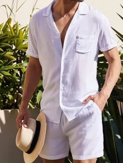 Discount OUKU Men's Linen Shirt Cotton Linen Shirt White Cotton Shirt 2 Piece Shirt Set Summer Shirt Plain Outdoor Street Black White Army Green Beige Short Sleeve Turndown Summer Clothing Apparel Button-Down