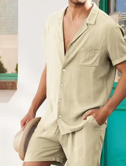 Discount OUKU Men's Linen Shirt Cotton Linen Shirt White Cotton Shirt 2 Piece Shirt Set Summer Shirt Plain Outdoor Street Black White Army Green Beige Short Sleeve Turndown Summer Clothing Apparel Button-Down
