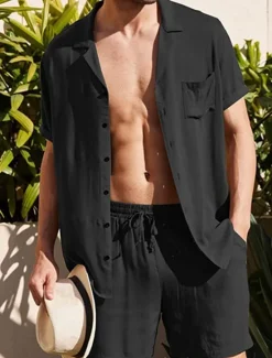 Discount OUKU Men's Linen Shirt Cotton Linen Shirt White Cotton Shirt 2 Piece Shirt Set Summer Shirt Plain Outdoor Street Black White Army Green Beige Short Sleeve Turndown Summer Clothing Apparel Button-Down