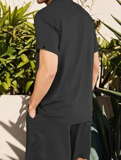 Discount OUKU Men's Linen Shirt Cotton Linen Shirt White Cotton Shirt 2 Piece Shirt Set Summer Shirt Plain Outdoor Street Black White Army Green Beige Short Sleeve Turndown Summer Clothing Apparel Button-Down
