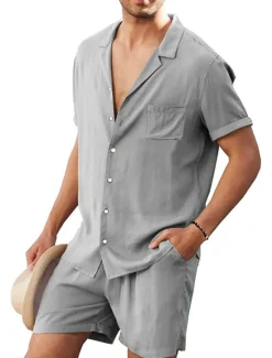 Discount OUKU Men's Linen Shirt Cotton Linen Shirt White Cotton Shirt 2 Piece Shirt Set Summer Shirt Plain Outdoor Street Black White Army Green Beige Short Sleeve Turndown Summer Clothing Apparel Button-Down